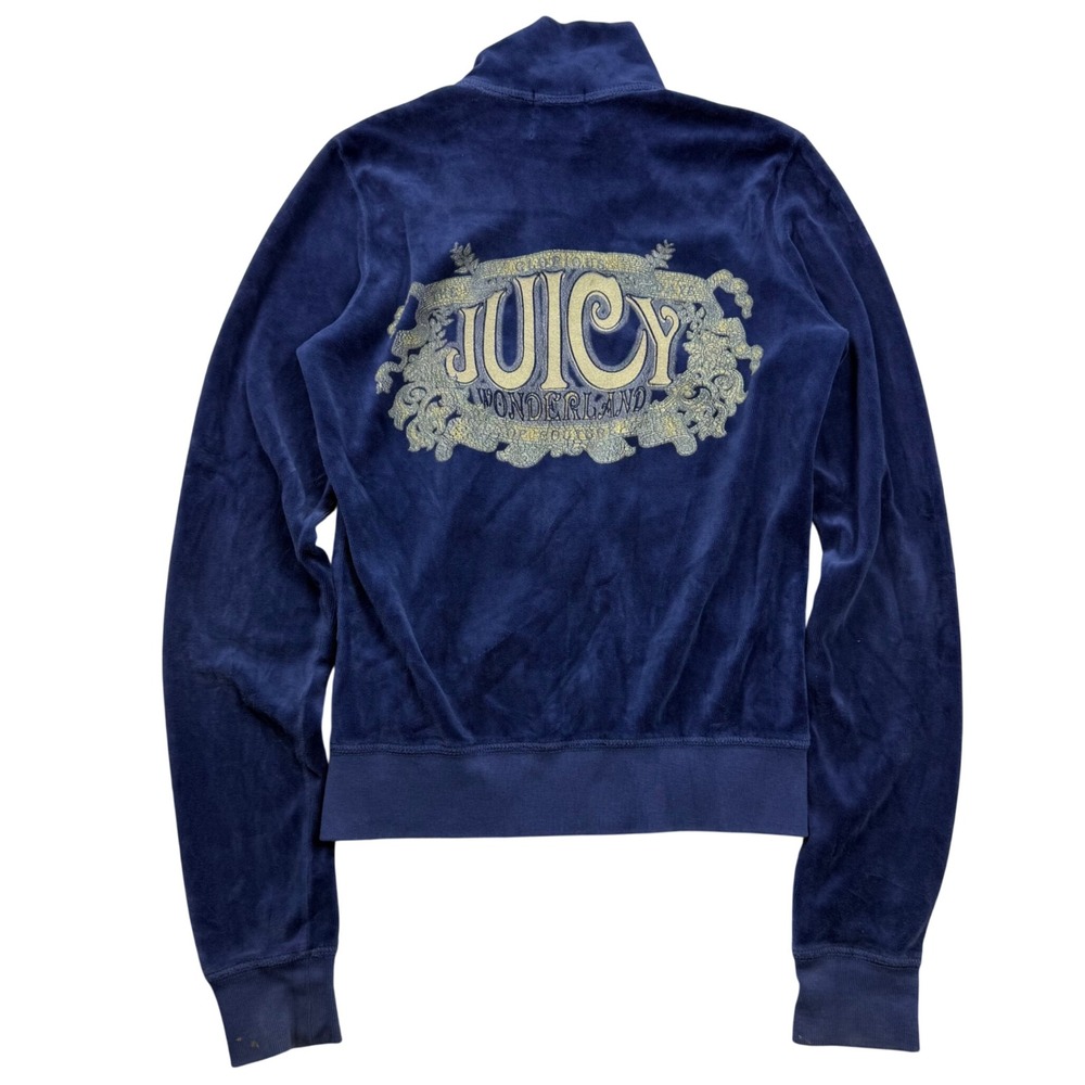 VTG Y2K Juicy Couture Navy Velour Track Jacket Juicy Wonderland Graphic Small